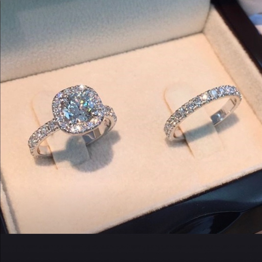 White Sapphire Halo Ring & Band Set